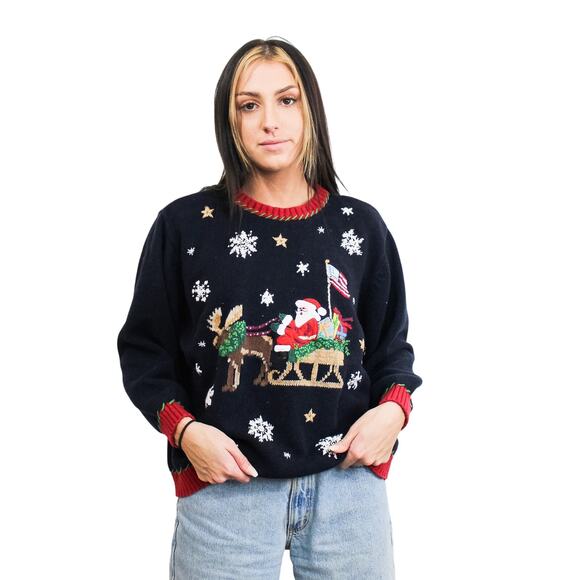 Santa's Sleigh Sweater - XXL / Vintage Ugly Christmas Sweatshirt / Holiday - Picture 2 of 3